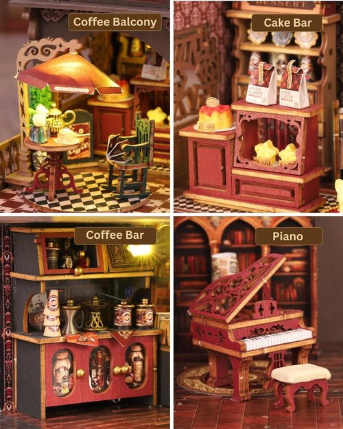 Letter Coffee Miniature House Kit by [Brand Name] - DIY Dollhouse with LED Light | 3D Wooden Puzzle for Shelf Decor