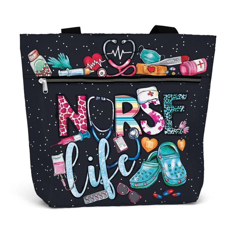 84hoods Aesthetic Tote Bag for Women and Girls. Cute Graphic Nurse Life Tools Large Shoulder Bag 15 inch with Pockets and Zipper for Work. Waterproof Grocery Bag. Gift for Nurse.