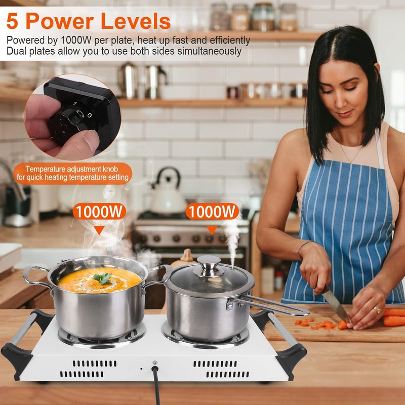 Zorpupoa Electric Hot Plate, 2000W Countertop Double Burner with Adjustable Temperature & Handles, Stainless Steel Coil Electric Stove for Cooking Cooktop for Home Kitchen Dorm RV Camp, Black, Small
