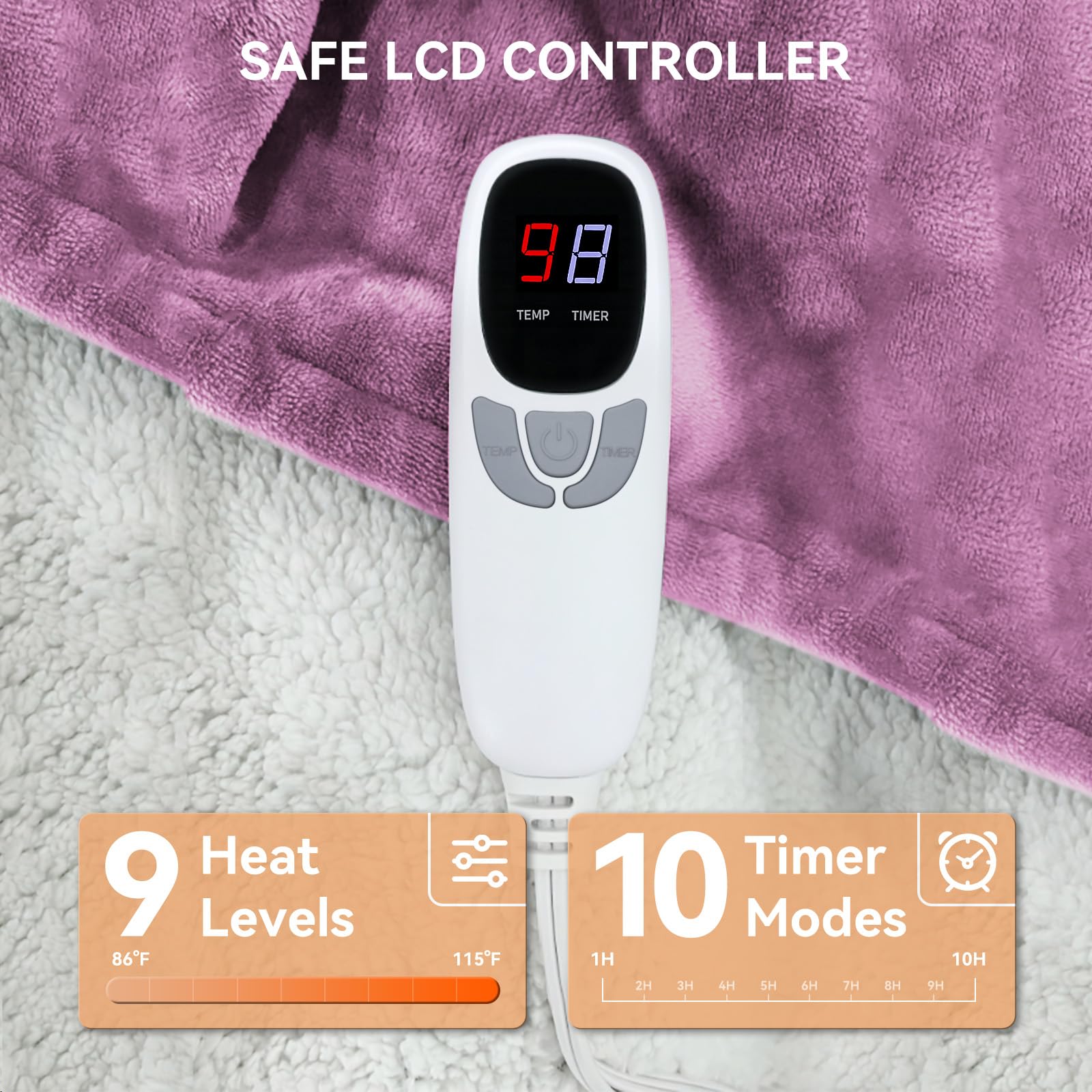 EDENLUNE Electric Heated Blanket Twin Size - 62"x84" Heating Blanket with 9 Heat Levels & 1-10 Hours Timer, Fast Heating Flannel Blanket ETL Certified Machine Washable, Great Gift Idea - Purple