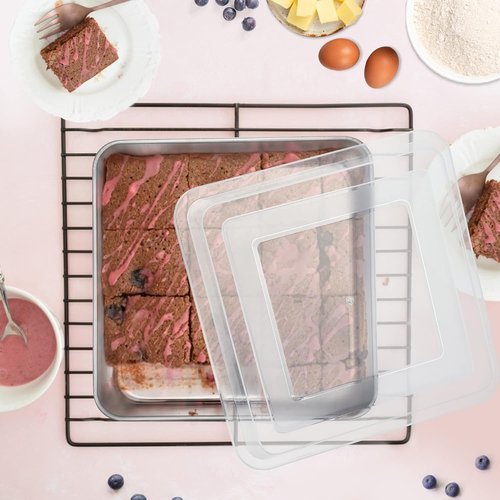 E-far 9-Inch Square Cake Pan Set - Non-Toxic Stainless Steel Bakeware with Lids | Easy Clean & Dishwasher Safe - 4 Pieces