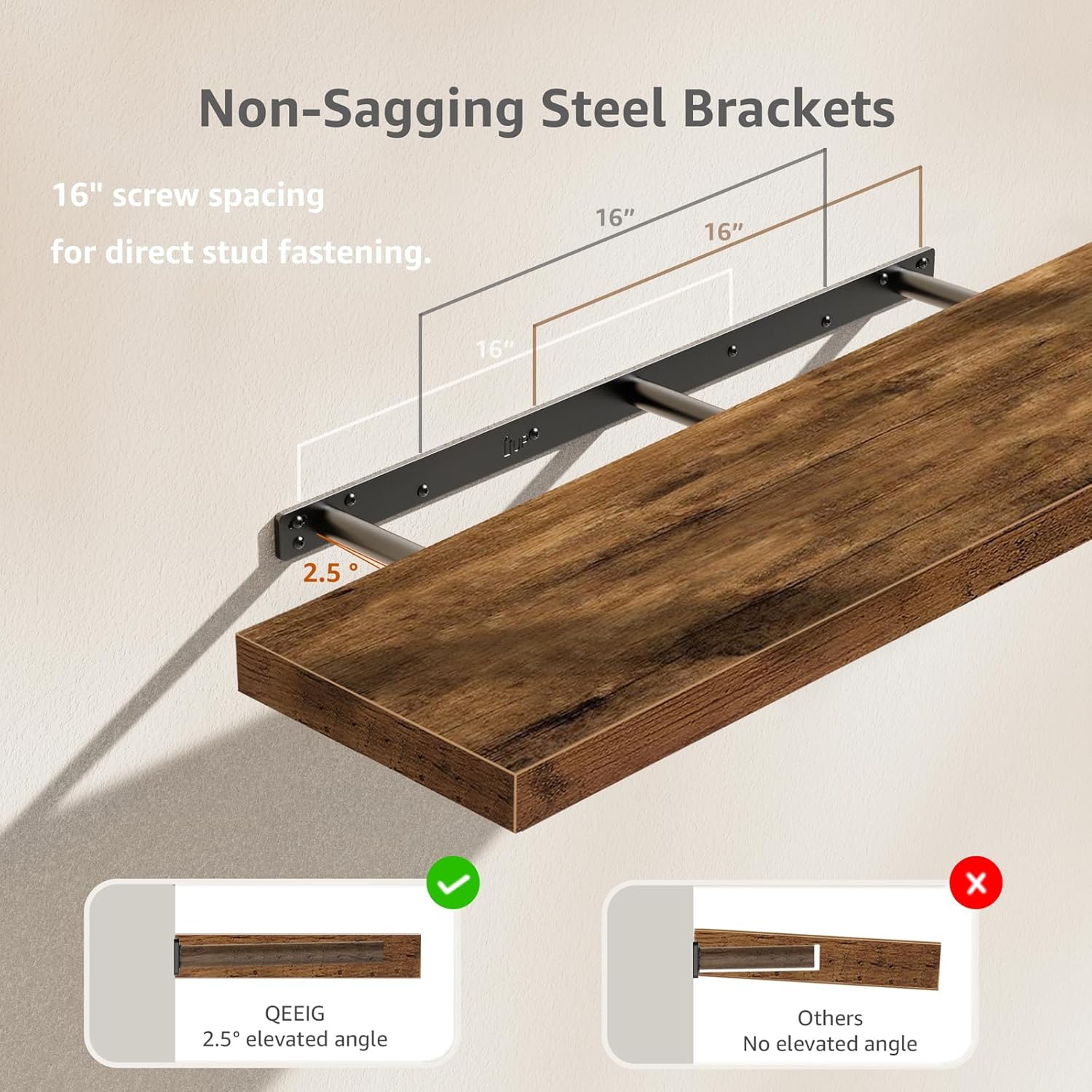 QEEIG Floating Shelves - Rustic Brown Wall Mounted Display Shelves | Set of 2, 39.4" x 9.3" for Home Decor