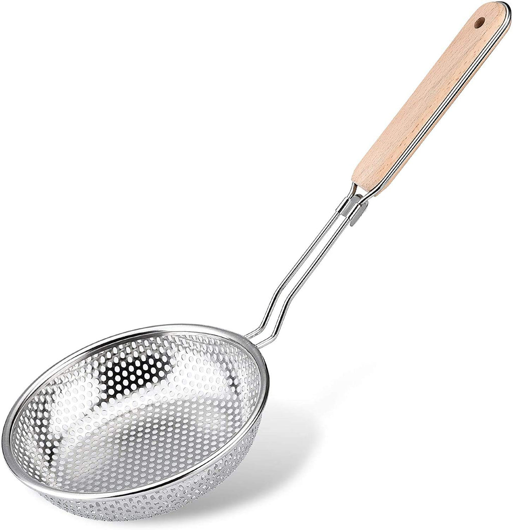 TENTA TENTA KITCHEN Stainless Steel Micro-Perforated Skimmer Strainer,Pasta Noodle Net Basket with Wooden Handle(25 Ounce)