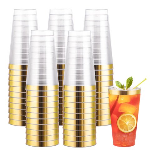 I00000 16 oz Gold Plastic Cups, 50 Pack Clear Plastic Cups Tumblers Gold Rimmed Disposable Cup, Heavy-duty Disposable Cup Perfect for Birthday, Wedding & Party
