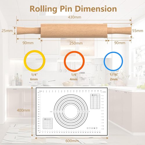 Classic Wooden Rolling Pin - 17" Beechwood with Handle & Pastry Mat | Ideal for Baking Pies, Cookies & More