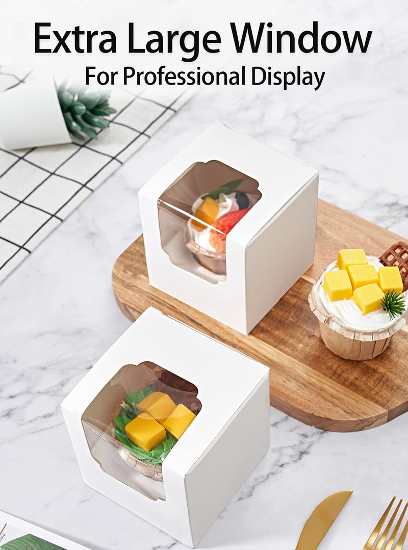 Happyhiram Cupcake Boxes 200 Pcs Bulk white Individual Cupcake Box, Single Cupcake Containers Paper Holders with Inserts and Window for Muffins Cocoa Bombs Packaging Togo Boxes