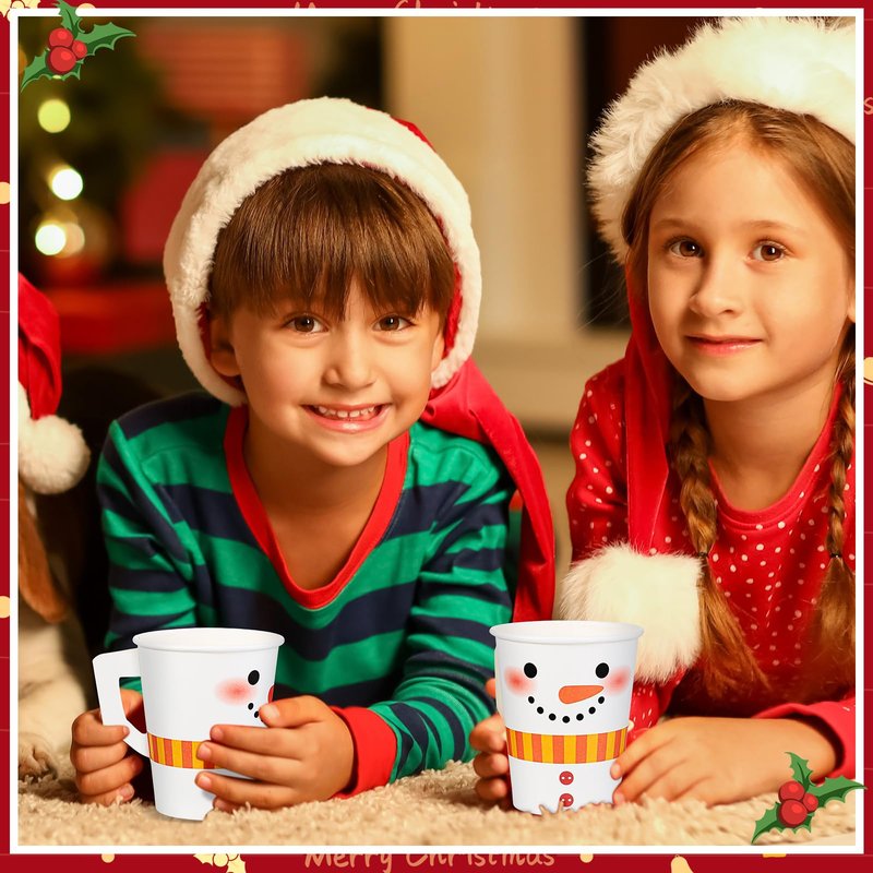 Zhehao 120 Pcs 9 oz Christmas Espresso Paper Cups with Handles Christmas Cups Disposable Tea Cups Disposable Coffee Mugs for Kids Adults Beverage Holiday Xmas Party Supplies (Snowman)