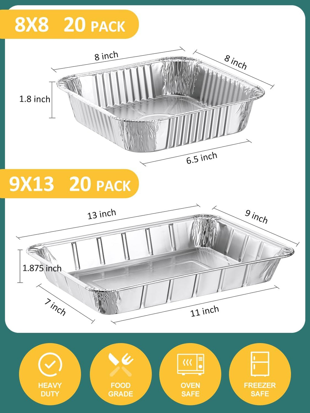 NEEBAKE 40-Pack Disposable Aluminum Pans Set - 20 Large 9x13 & 20 Small 8x8 Foil Baking Trays