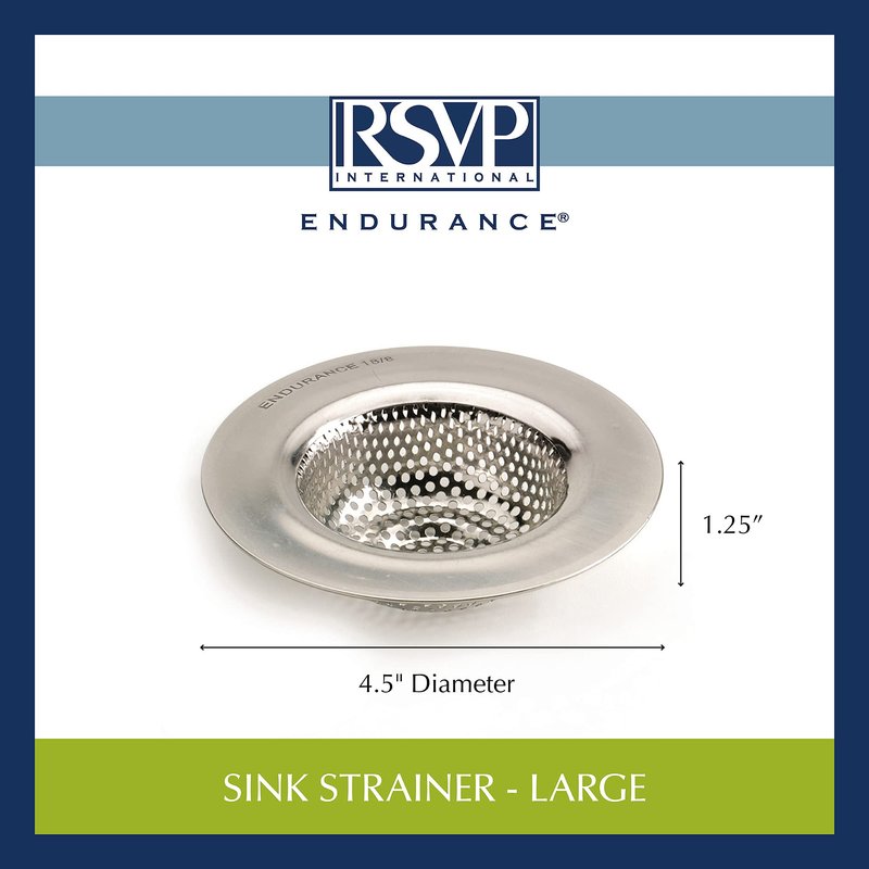 RSVP International Endurance® Stainless Steel Large Sink Strainer, 4.5" | Traps Food Scraps | Polished Finish with Precision Pierced Holes | Dishwasher Safe