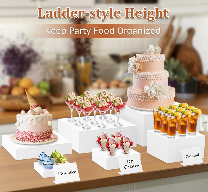 SUNEZLGO 8PCS Buffet Risers, Acrylic Large Food Risers with Mini Signs, Buffet Table Acrylic Cube Display Stands Box Risers for Party Catering Dessert Jewelry Nesting Risers with Hollow Bottom White