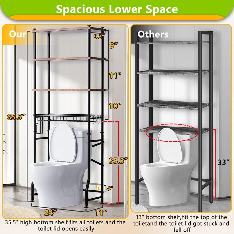 Over-The-Toilet Storage Shelf,4-Tier Bathroom Organizer Cabinet Rack And Storage Over Toilet With Shelf Waterproof Feet Pad And Basket,Multifunctional Space Saver Freestanding Bathroom Shelves（Brown）