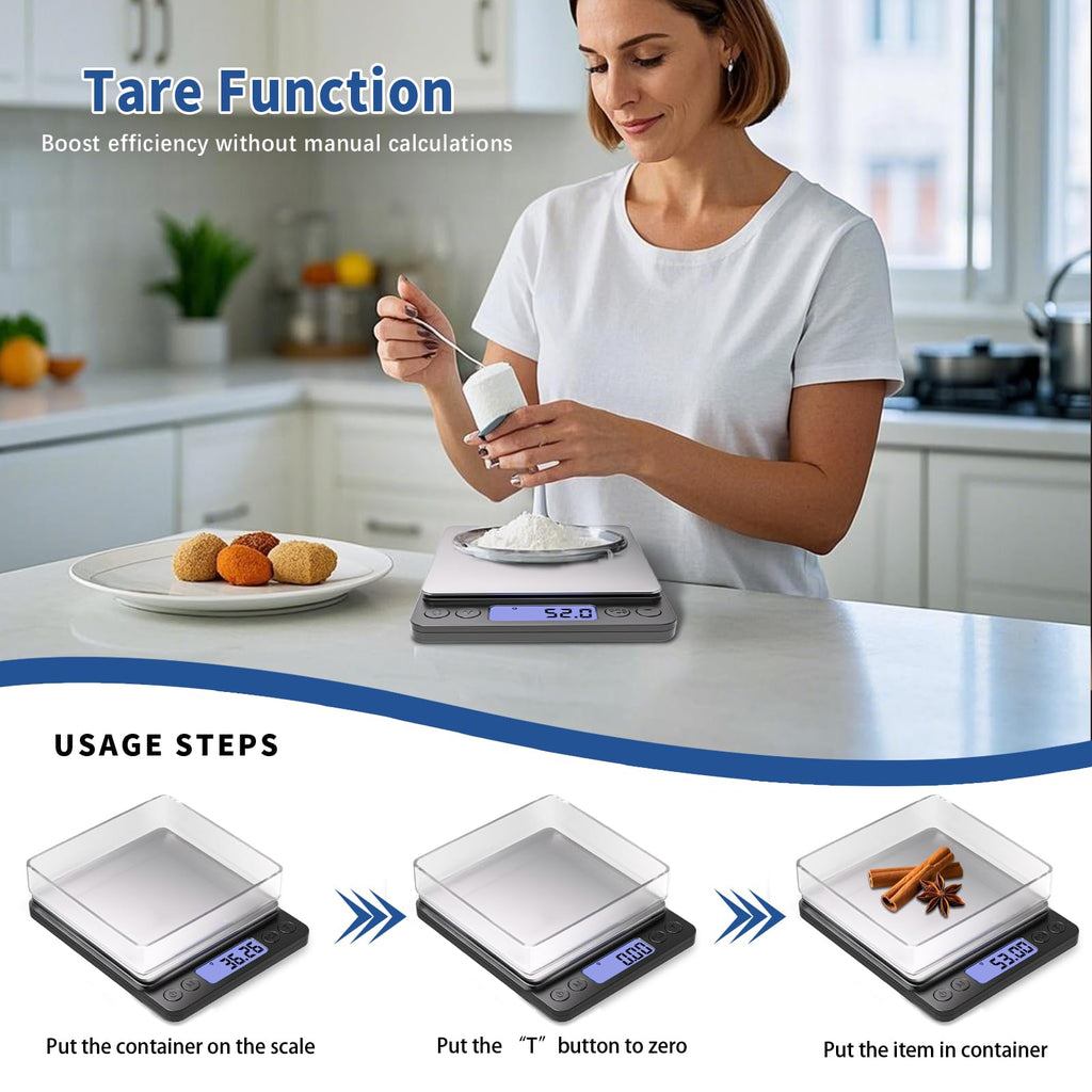 Small Gram Scale, Digital Kitchen Food Scale for Food Ounces and Grams, 500g by 0.01g Accurate, MEIYA Multifunction Digital Scale for Jewelry/Baking etc. 9 Units, Tare Function, 2 Trays, with Battery