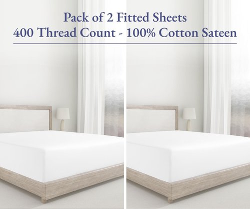 2 King Fitted Sheets, 400 Thread Count 100% Cotton Sateen, King Size Fitted Sheets with Deep Pockets (Bright White)