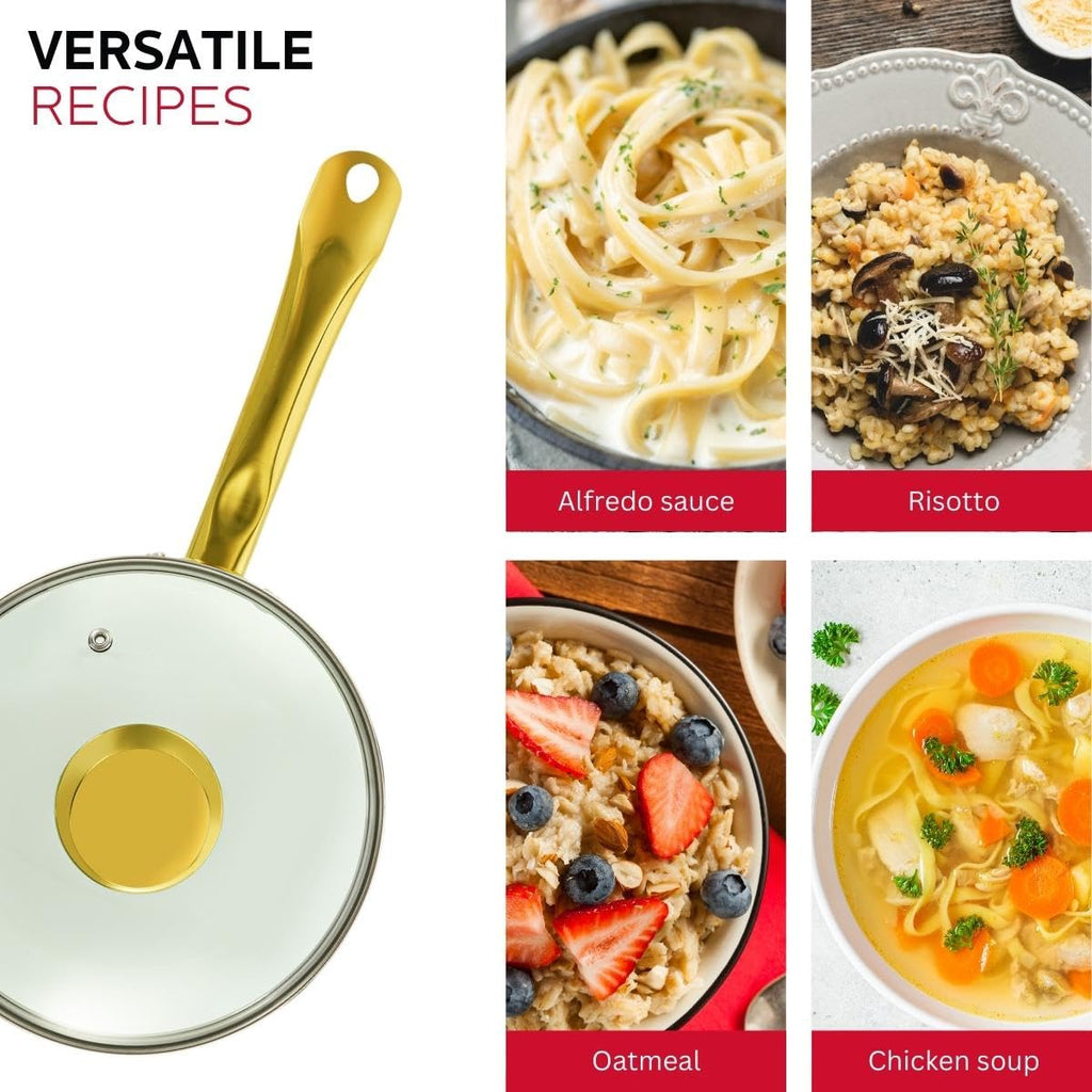 Holstein Housewares 3.5QT Ceramic Non-Stick Sauce Pan with Lid, Multipurpose Sauce Pan for Simmering & Boiling, Stainless Steel Golden Handle, Induction, Gas & Electric Compatible, White and Gold