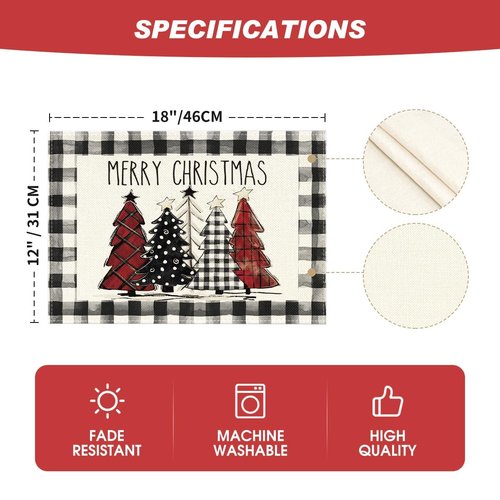 Artoid Mode Waterclor Buffalo Plaid Christmas Trees Placemats Set of 12, 12x18 Inch Winter Table Mats for Outdoor Home Party Kitchen Dining Decor