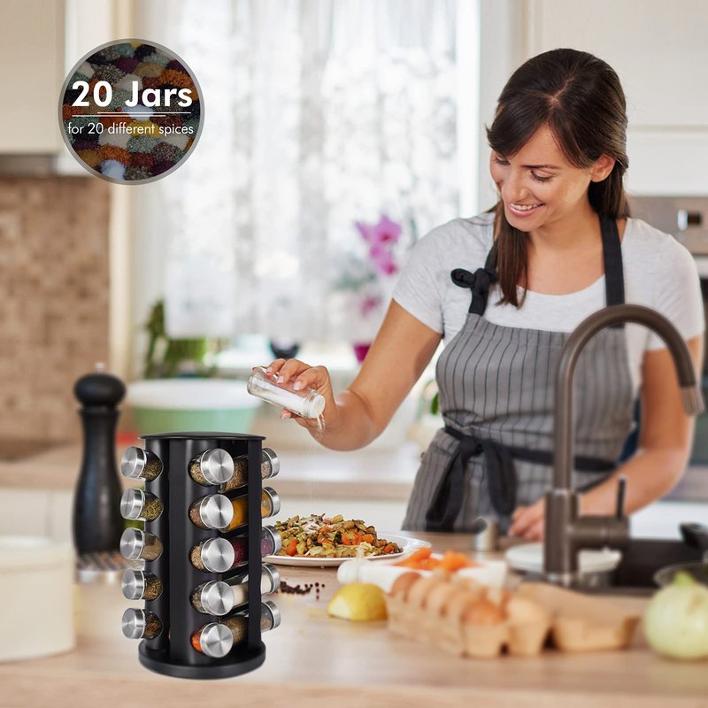 Baker Boutique Spice Rack, Spice Organizer for Countertop, Empty 20-Jars Rotating Rack, Spinning flavoring Rack Shelf, Revolving rack for Kitchen (Black)