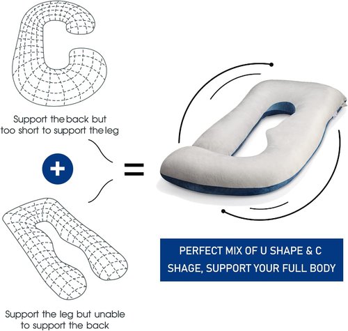 Cauzyart U-Shape Pregnancy Maternity Pillow - 55 Inches Full Body Support for Back, Hips, Legs & Belly with Removable Velvet Cover