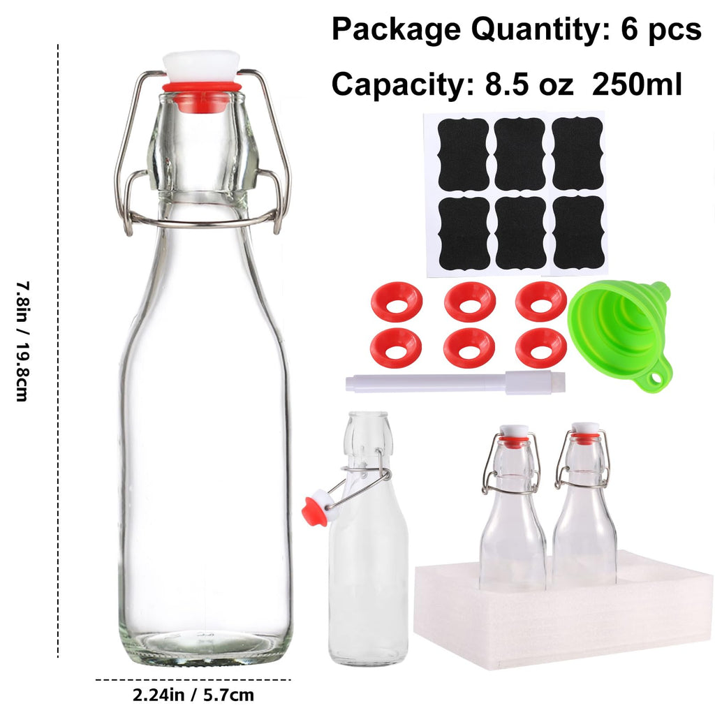 6 Pack 8.5oz Flip Top Glass Bottles,8.5oz swing top glass bottles with airtight lids for Home Brewing,2nd Fermentation,Kombucha,Kefir,Vanilla Extract,Juice,Tea,Beverages,Soda,Oils,Vinegar,Limoncello
