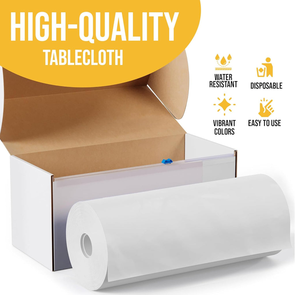Party Solids | 54-Inch x 300 Feet White Plastic Table Cover Roll - Convenient Cut-to-Size Box with Slide Cutter