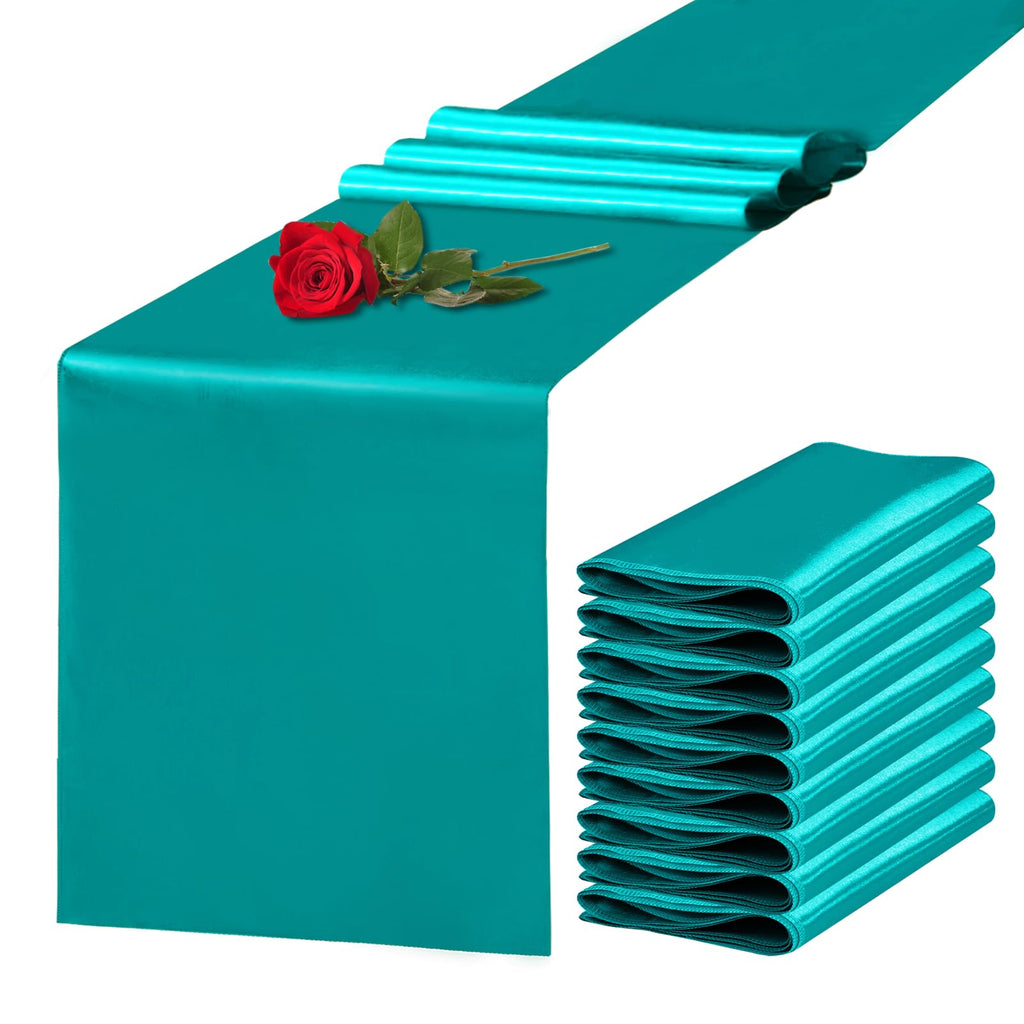 Yblut 10 Pack Satin Table Runner 12 x 108 Inch Long Peacock Blue Silk Table Runner for Wedding Party Banquet Birthday Decoration