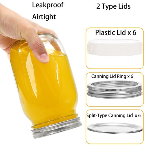 Jucoan 6 Pack Wide Mouth Glass Mason Jar Canning Jar with Lid and Band, 32 oz Quart Size Square Mason Jars for Preserving, Fermenting, Pickling, Salad, Juice, Food Storage, with 6 Plastic Lids