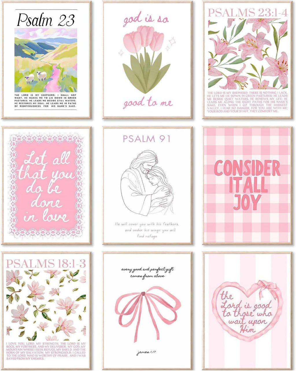 Skiennix 9-Piece Pink Christian Wall Art Set - Trendy Bible Verses & Psalms Decor | 8x10 Inch Prints for Girls' Rooms