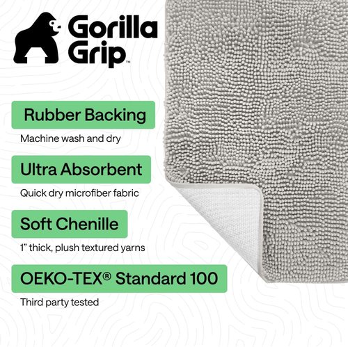 GORILLA GRIP Bath Rug Mat - Soft Absorbent Chenille | Quick-Dry Microfiber, 54x24, Light Gray