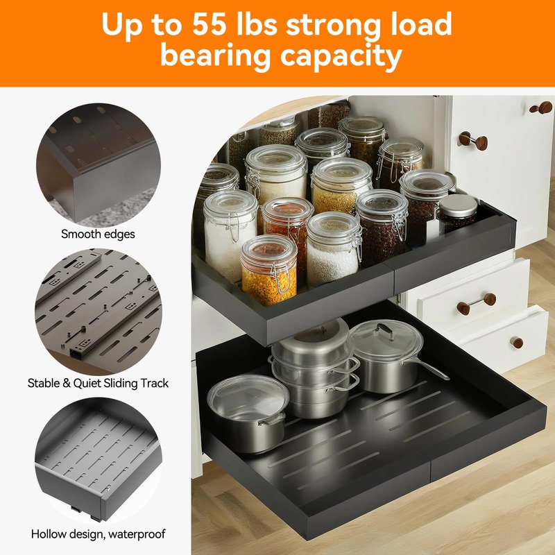 2 Pack 21'' Deep Pull Out Cabinet Organizer Expandable Width (12.6'' to 21'') Slide Out Drawers Pull Out Drawers Fixed with Adhesive Nano Film or Nail for Kitchen Bathroom Organization, Black
