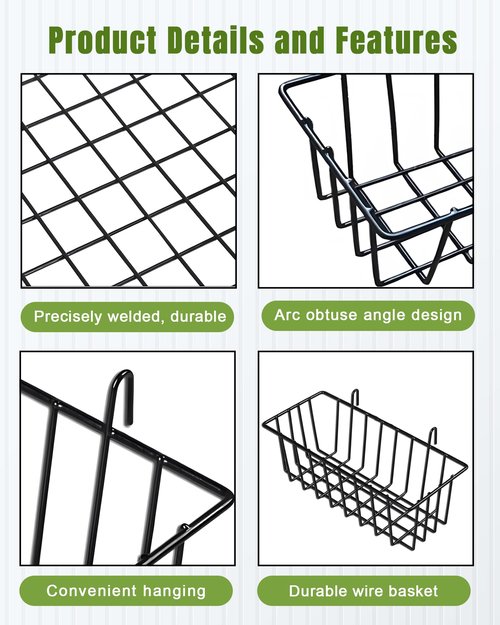 SEMPOMA 10 PCS Black Wire Baskets, No Drilling, Hanging Wire Basket for Wall Grid Panel Organizing, Grid Wall Accessory