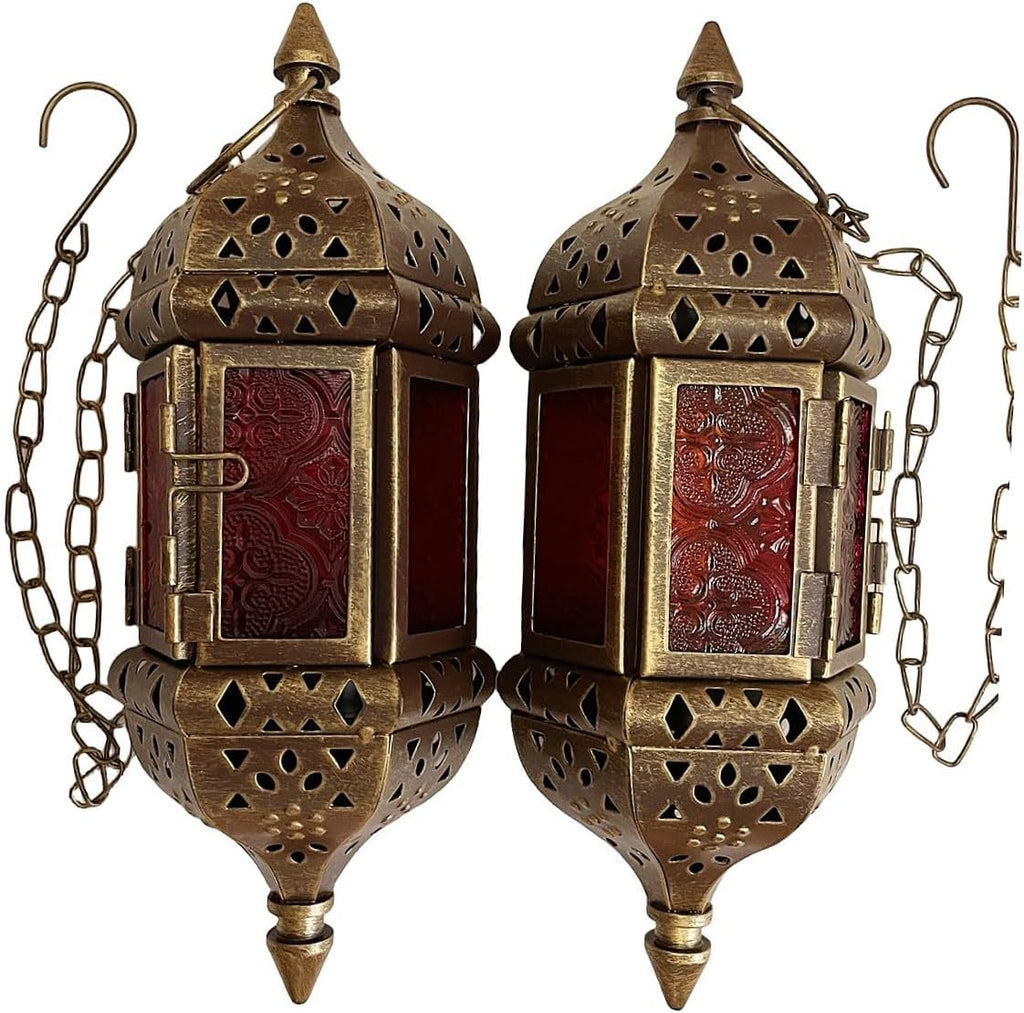 Skiennix Moroccan Candle Lantern Set - Metal Hanging Tealight Holders with Glass | 13.8-Inch Vintage Bronze Gold