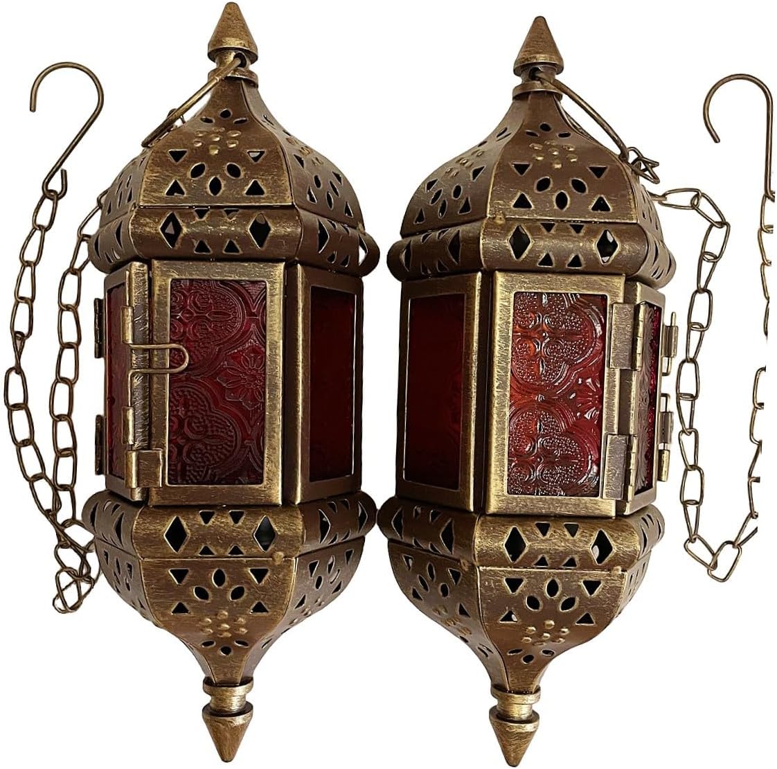 Skiennix Moroccan Candle Lantern Set - Metal Hanging Tealight Holders with Glass | 13.8-Inch Vintage Bronze Gold