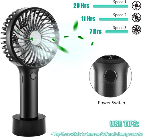 Miady Portable Handheld Fan - 5000mAh Mini USB Fan with 3 Speeds | 7-20 Hours Runtime for Travel & Office