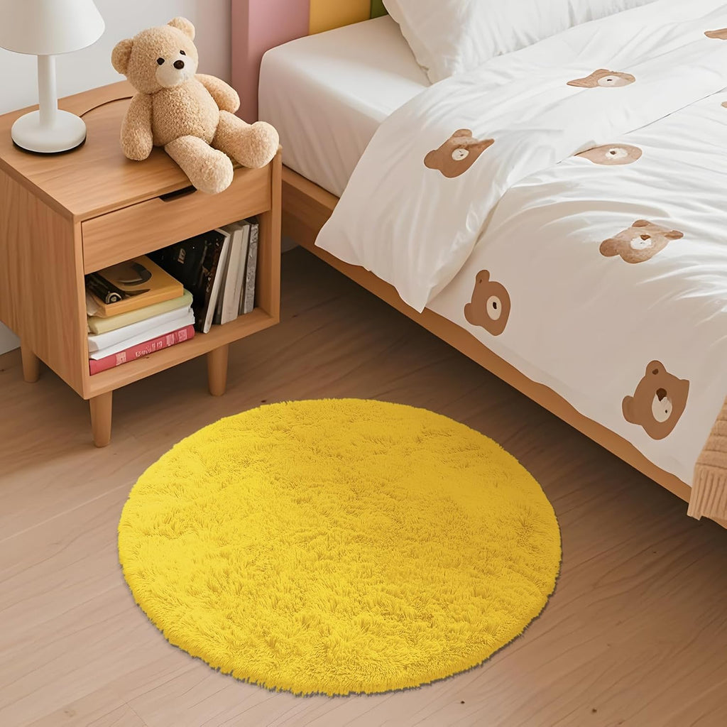 OLANLY Yellow Round Rug - Soft, Fluffy Shaggy Carpet for Bedroom | 2 ft Circle Area Rug for Teens & Nursery