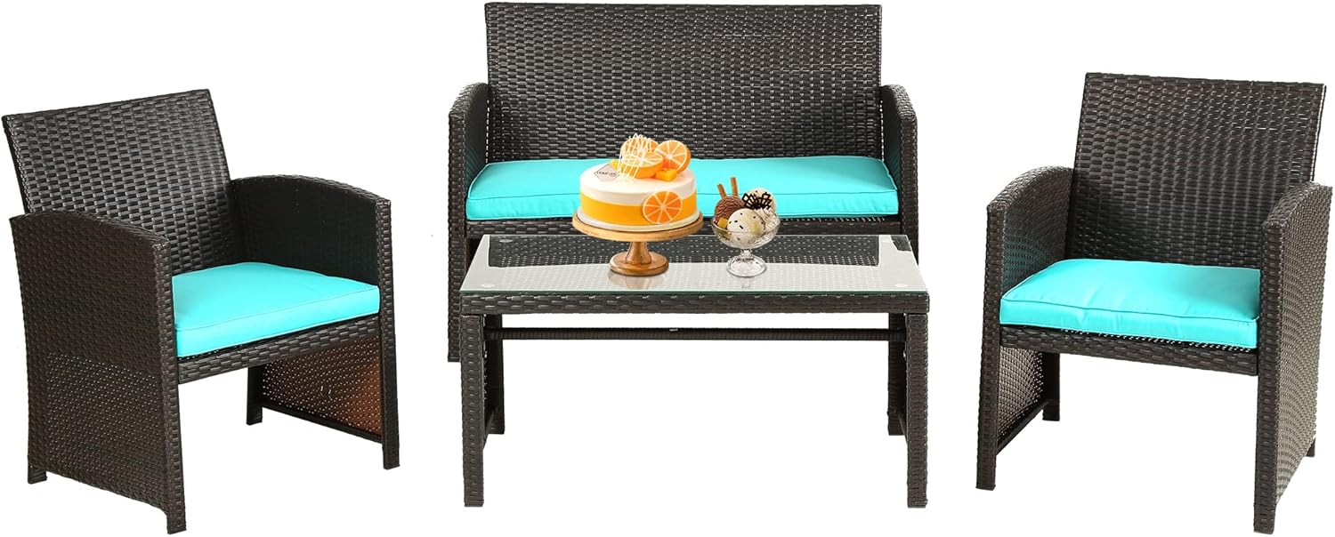 Skiennix Outdoor Furniture Set - 4-Piece Wicker Patio Conversation Set for Lawn & Garden - Brown/Blue