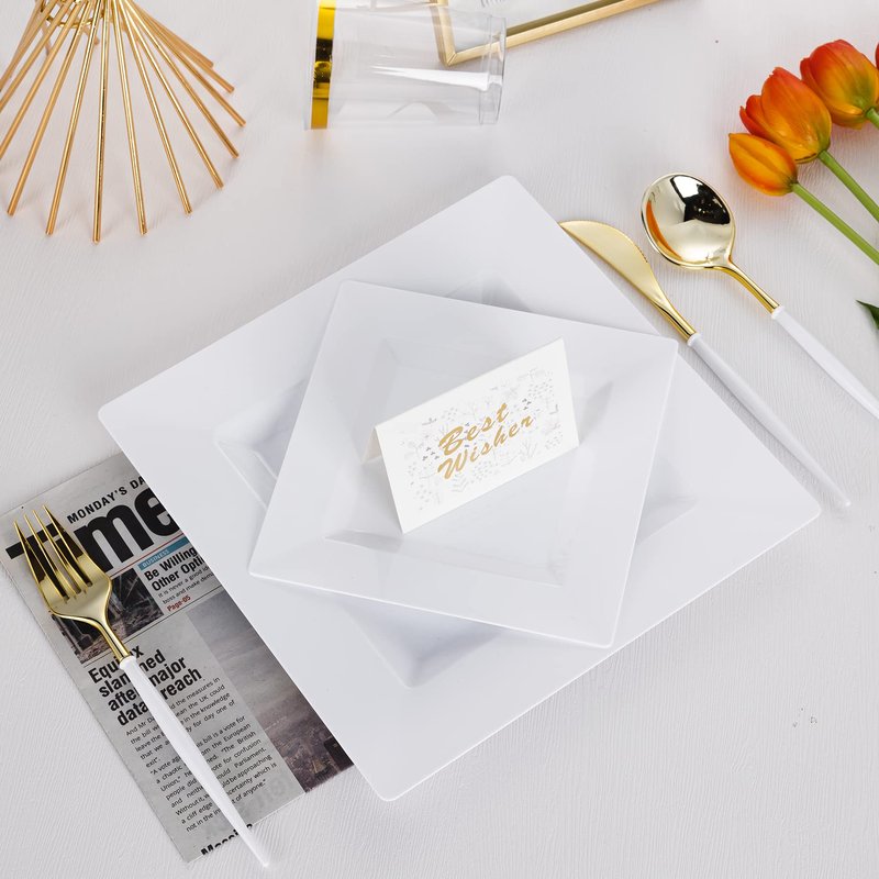 NZVCN 100 PCS White Plastic Dinner Plates, 9.5" Square Heavy-Duty Disposable Plates Dessert Plates Serving Dishes for Wedding, Party, Easter, Christmas