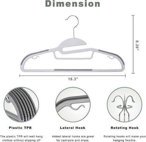 BAGAIL Plastic Hangers - 50 Pack Non-Slip Design with 360° Swivel Hook | Space-Saving Grey Organizer for Shirts & Pants