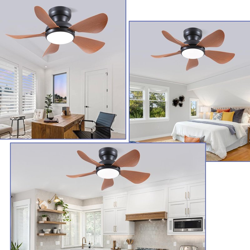 Kviflon 32 Inch Modern Ceiling Fans with Lights, Small Flush Mount Ceiling Fan with Light and Remote/APP Control, 5 Reversible 6 Speeds Curved Blades, 3 CCT Dimmable Lights for Kids Room, Brown