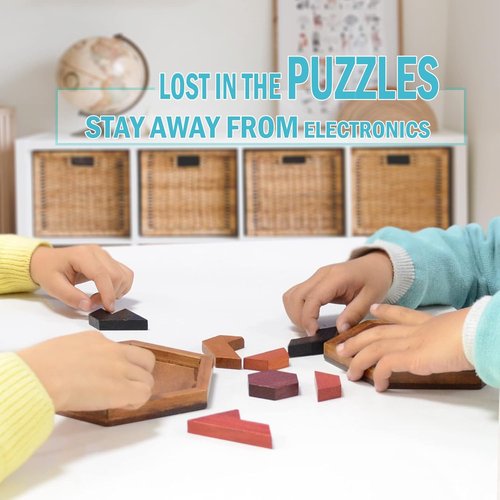 KINGOU Hexagon Tangram Puzzle | Wooden Brain Teaser for Kids & Adults - Fun Family Challenge Game