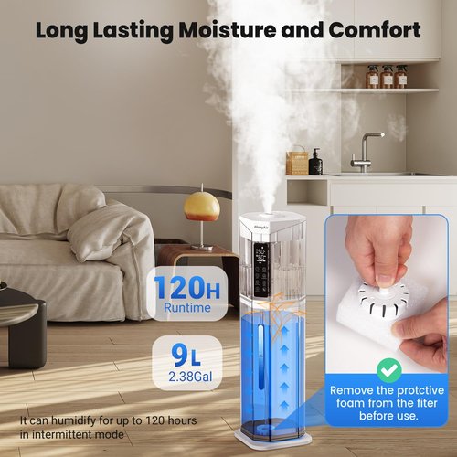 GloryAir Humidifier - 2.38Gal/9L Top Fill Cool Mist for Large Rooms | 120H Run Time, Auto Mode & 7-Color Light