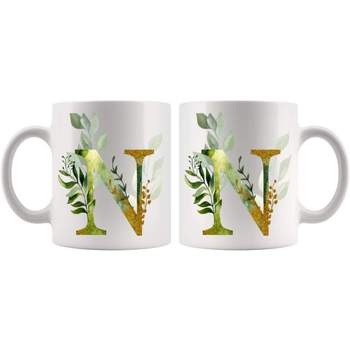 Alpha/N Graphic Letter N Coffee Mug - Alphabet Letter Monogram N - Gold Shimmer Any Letter Floral Alphabet Tea Coffee Hot Chocolate Cup For Her Birthday Christmas Mothers Day Coffee Mug 11oz