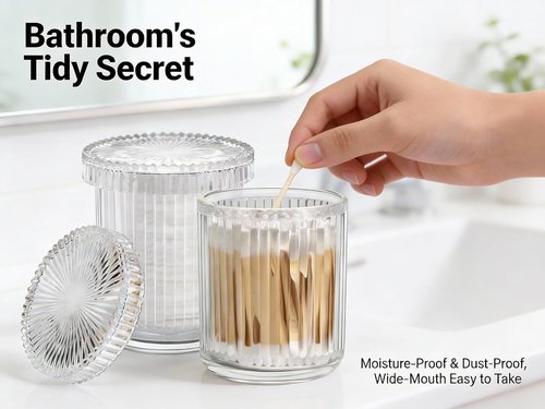 Clear Apothecary Jars | 2 Pack Glass Qtip Holder Dispenser Set - Stylish Bathroom Organizer for Cotton Swabs, Balls, Pads