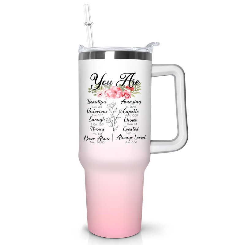 Christian Tumbler with Handle and Straw, 40 oz Vacuum Insulated Water Bottle Stainless Steel, Leak Proof Travel Mug, Inspirational Religious Belief Gifts for Her Women Girl Christmas Mothers Day
