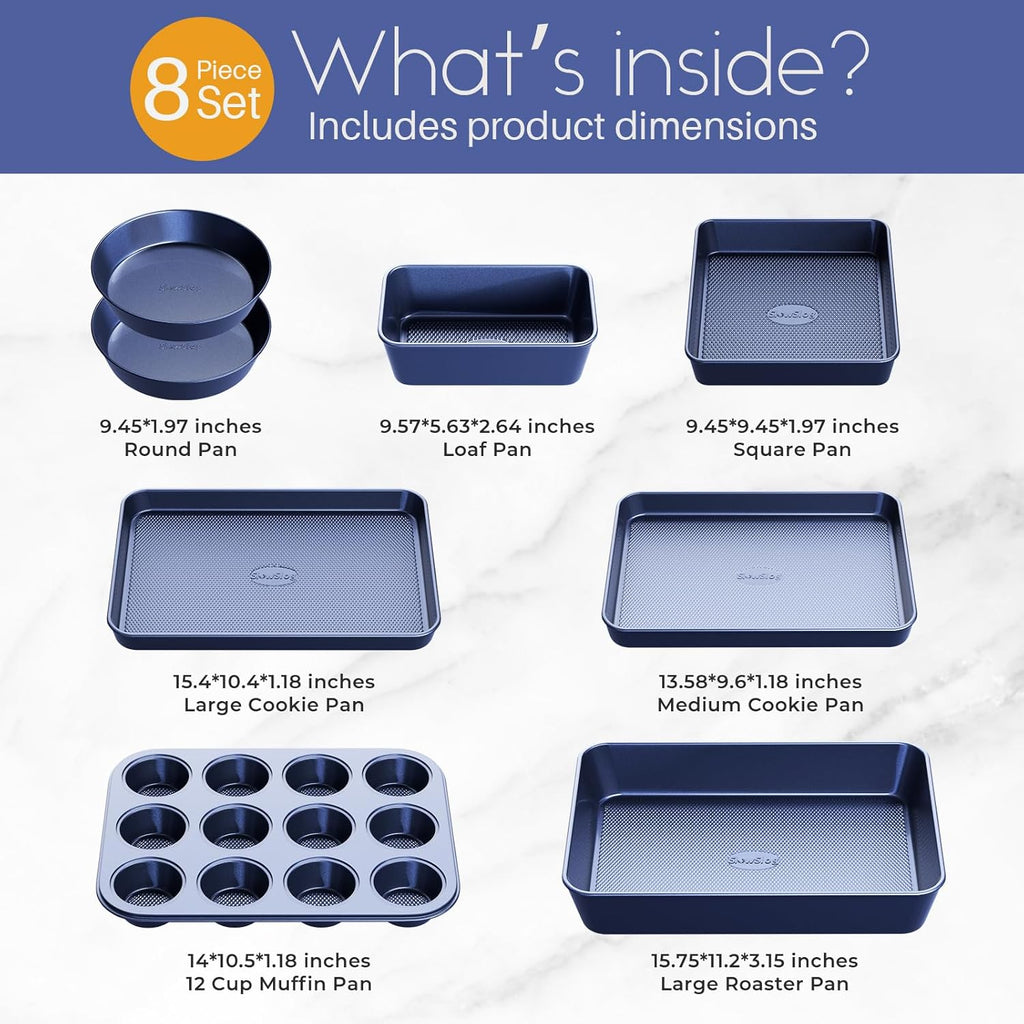 Skiennix 8-Piece Baking Pans Set - Nonstick Bakeware for Oven | Ceramic Coated Blue