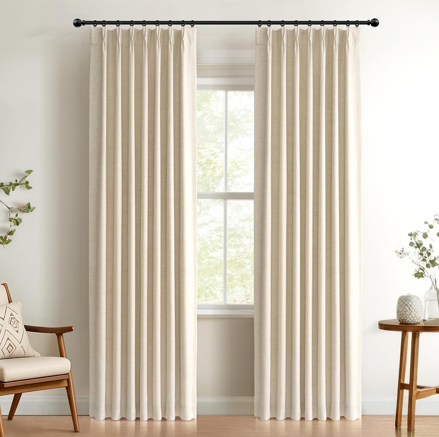 Skiennix 100% Blackout Curtains - Textured Pinch Pleated Drapes, Cream, 84" Long, 2 Panels Set