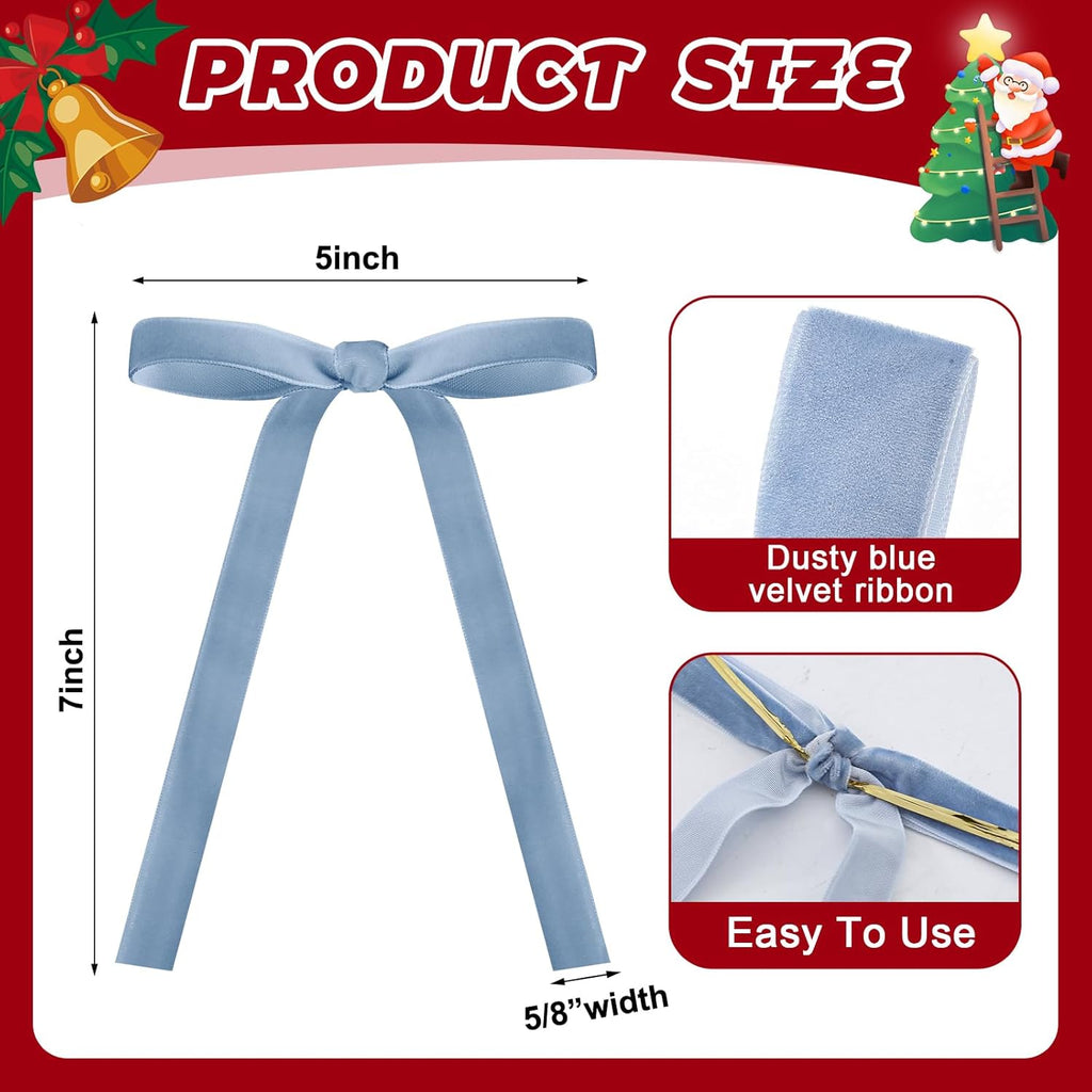 Skiennix 24 Pcs Velvet Bows - Vintage Ribbon Bows for Christmas Tree & Crafts | Dusty Blue (5 x 7 Inch)