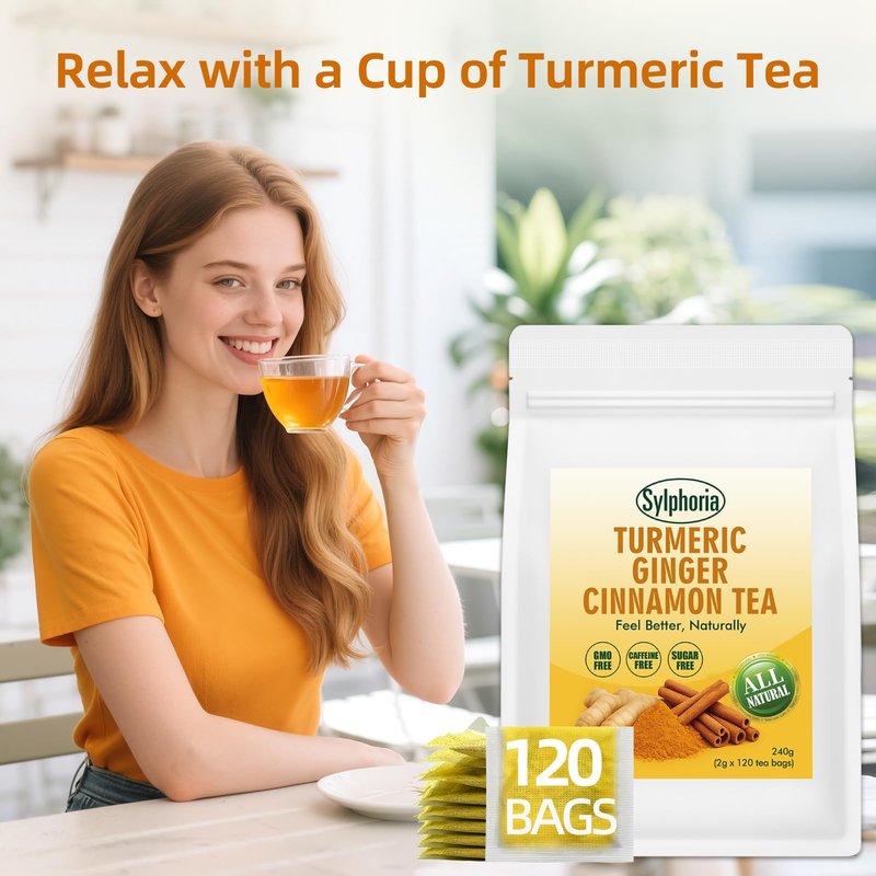 120 Bags Premium Turmeric Ginger Cinnamon Tea Bags, Premium Natural Ingredients, Turmeric Ginger Herbal Blend with Cinnamon, No Sugar, Caffeine-Free，Turmeric Ginger Cinnamon Tea（1Pack/120Bags）