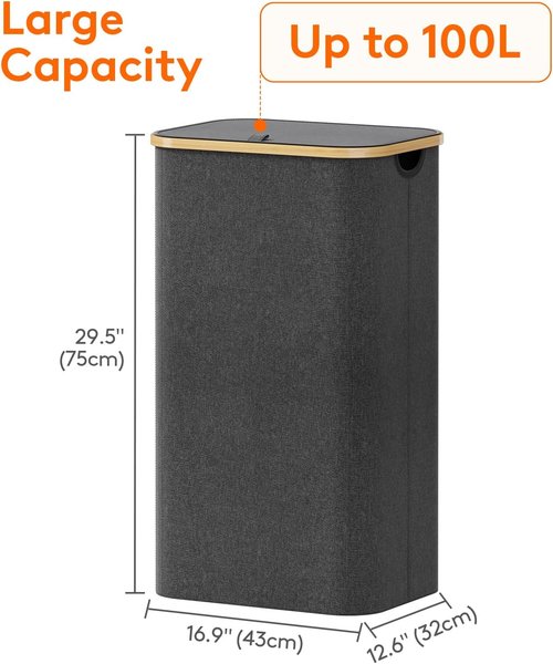 Lifewit 100L Laundry Basket - Foldable Hamper with Lid & Bamboo Handles | Dark Gray, Removable Bag