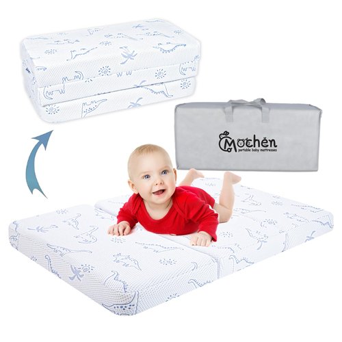 Mochen Trifold Pack and Play Mattress 38x26 Memory Foam Pack n Play Mattresses with Removable Dinosaurs Cover & Carry Bag, Portable Travel Mattress for Pack N Play