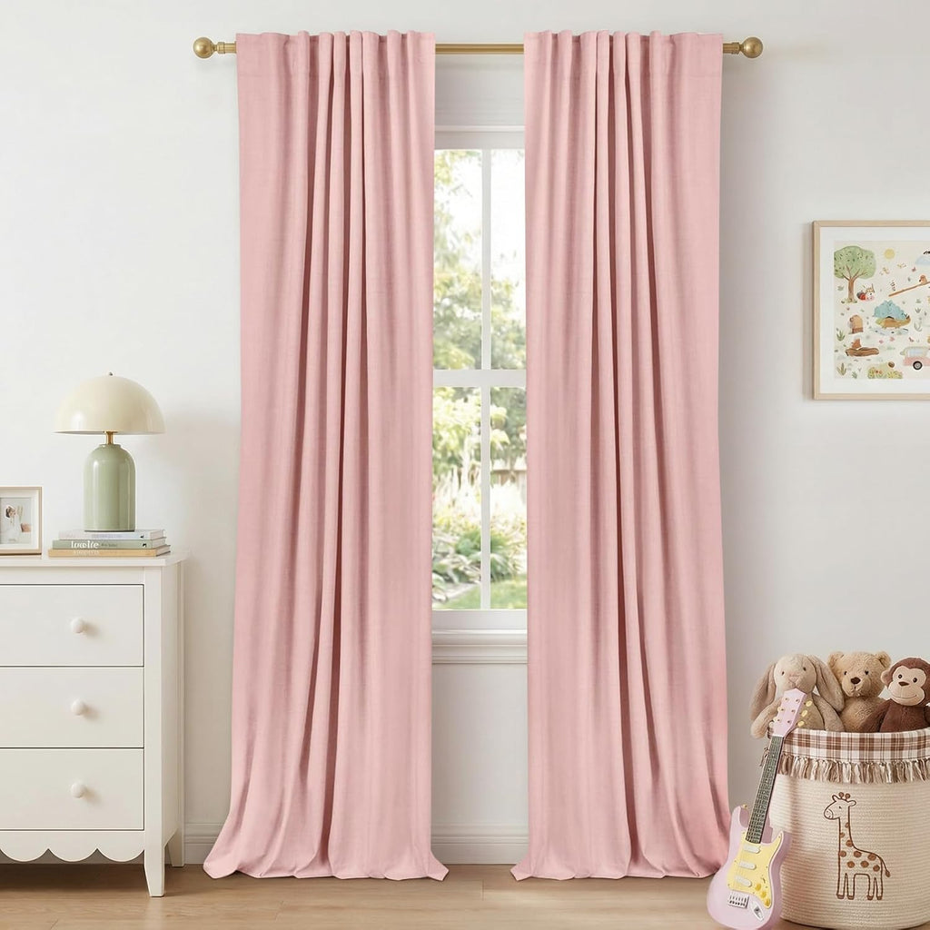 Skiennix 100% Blackout Linen Curtains - Thermal Insulated Drapes for Bedroom | 50" W x 102" L, Baby Pink - 2 Panels Set