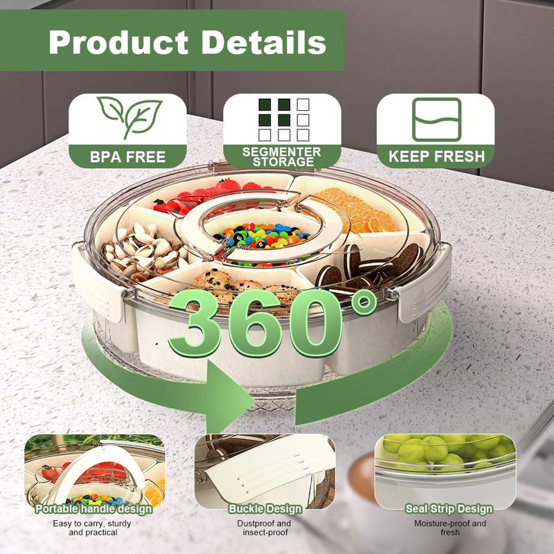 JIEZRIN Divided Serving Tray with Lid and Handle, Portable Snackle Box for Veggie, Fruit Snacks Organizer, Clear Snack Spinner Container for Outdoor, Kitchen, Party, Travel